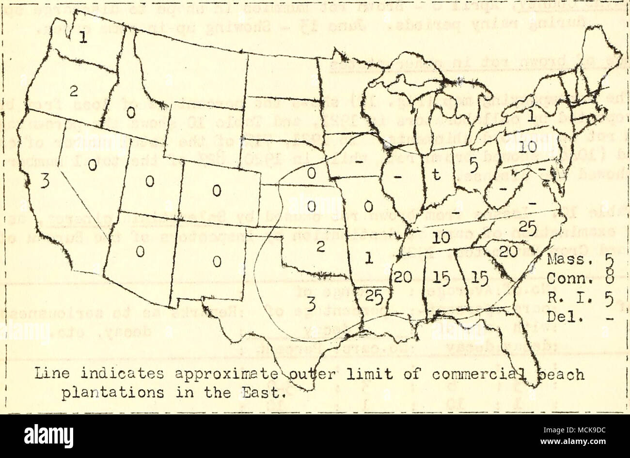 . Fig. 12. Estimated percentage loss from pesch brown rot in I92I, Tennessee (Hosier, June : Blossom blight which was so abundant in 1920 was reported from three counties only. Tivig and leaf blight reported from three counties; canker from four counties. (Sherbakoff, August ll): Brown rot serious on fruit. Twig blight in some cases caused considerable damage in eastern Tennessee. North Carolina (Foster); 'cry destructive over entire state. Found mainly in small orcherds where spraying is not practiced* Fruit rot fom especially observed. South Carolina (Ludwig): Very important; our worst peac Stock Photo