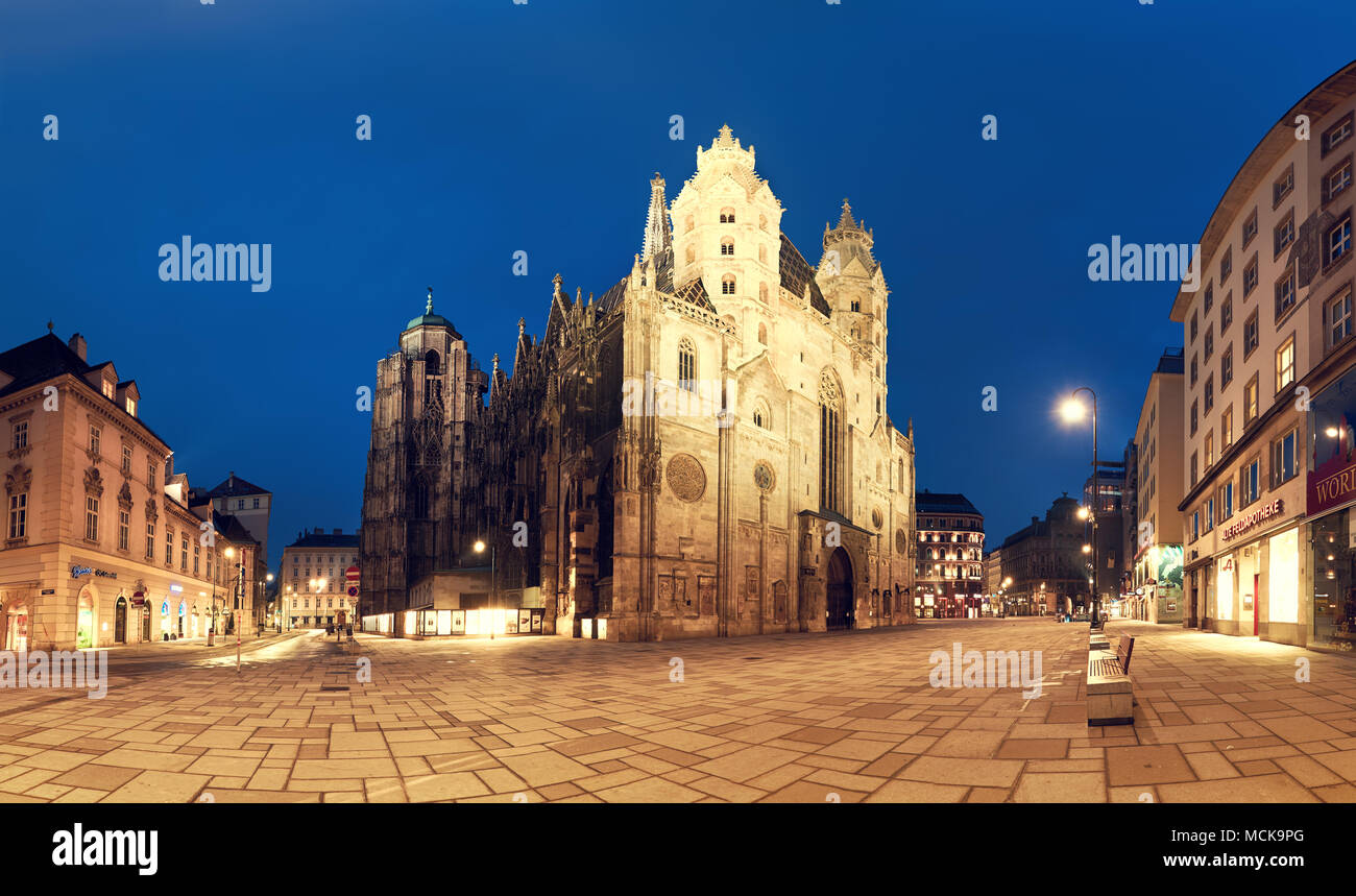 VIENNA, AUSTRIA - MARCH 20, 2018. St. Stephan cathedral (Stephansdom) in Vienna, Austria, at twilight, panoramic image Stock Photo