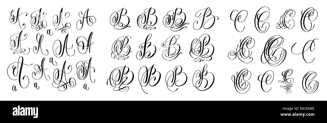 calligraphy letters set A, B and C, script font Isolated on white ...
