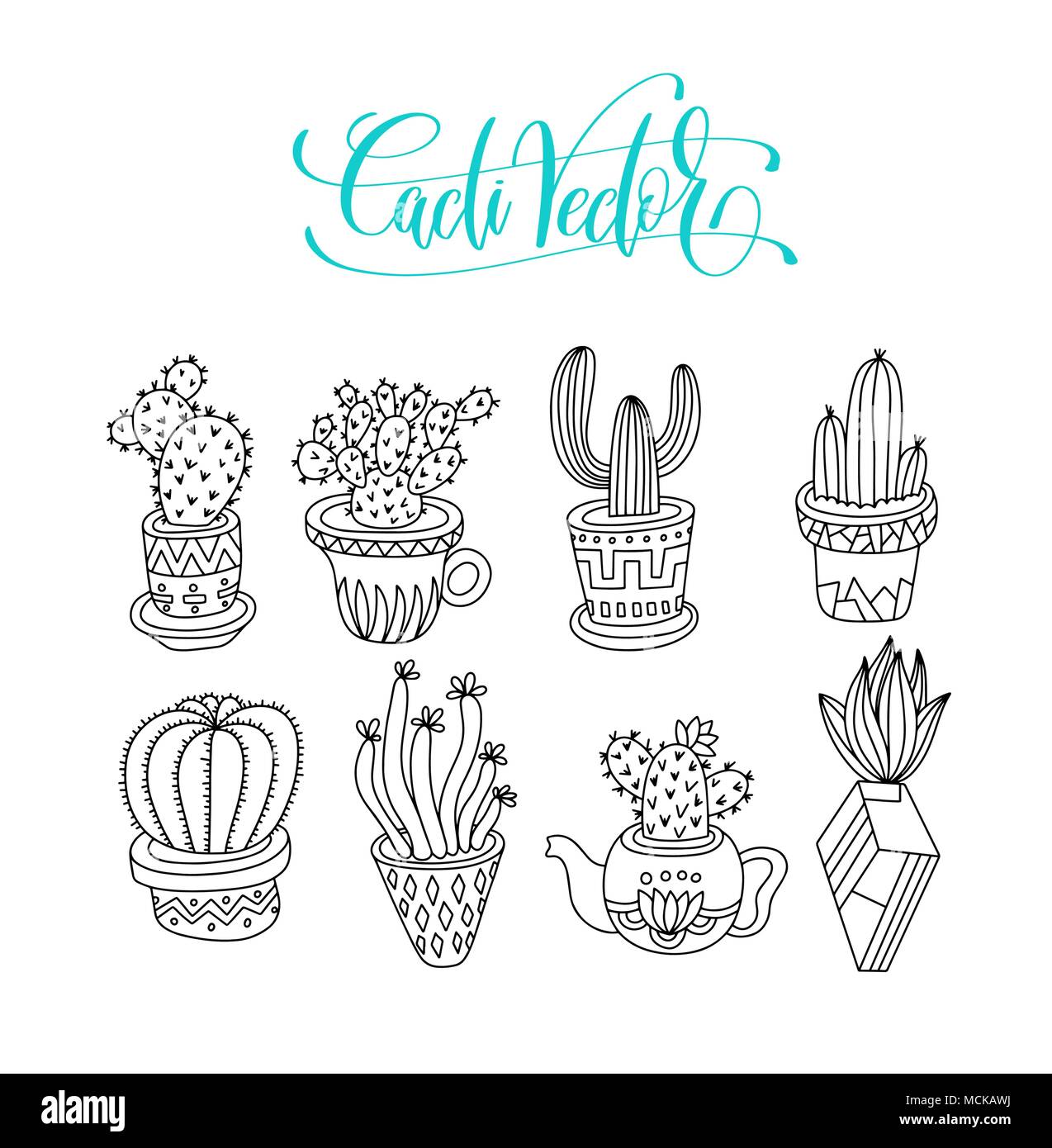 doodle cacti collection, black line hand drawing set of various