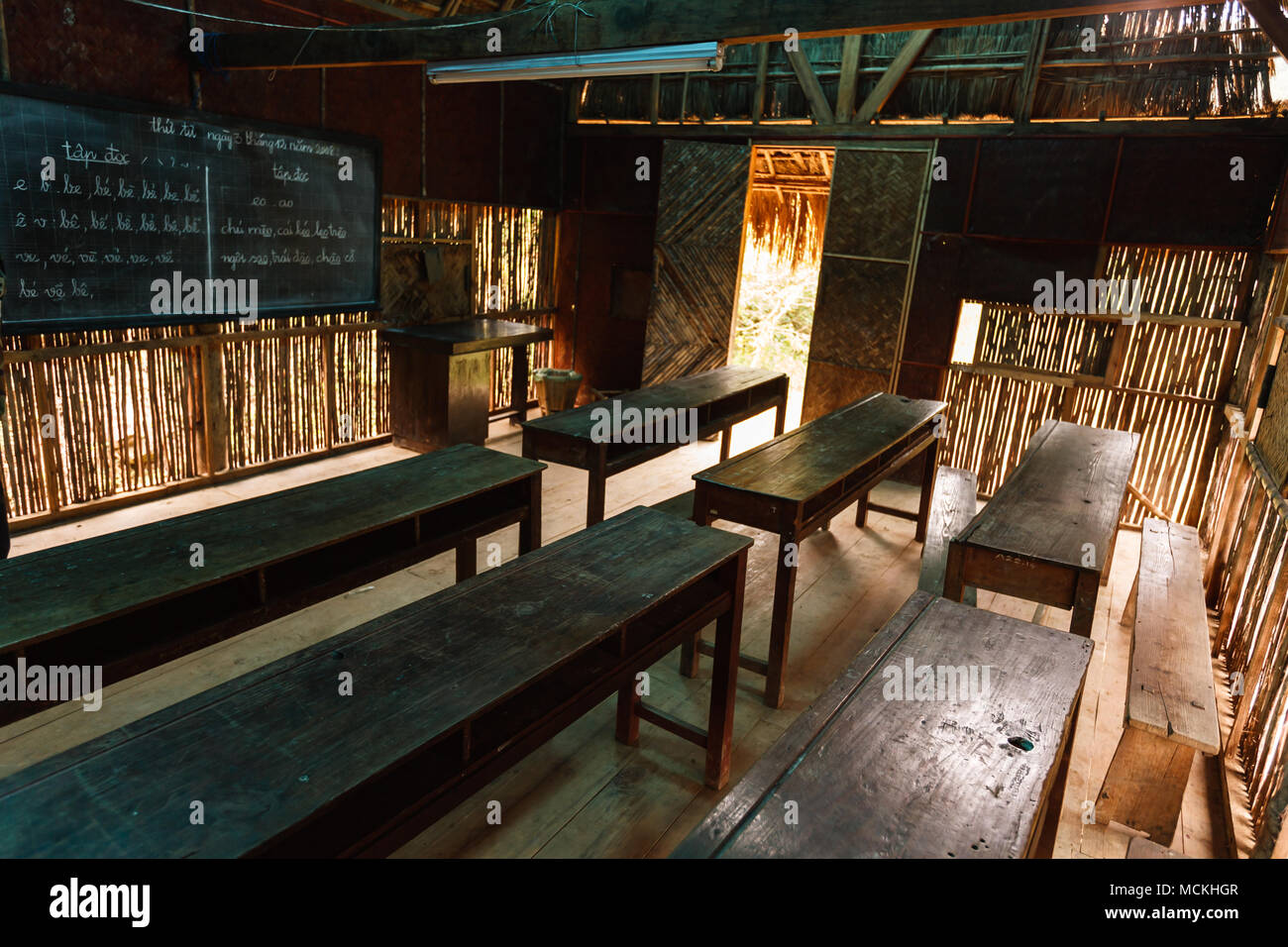 Rural schoolhouse classroom on a coffee plantation in the central highlands of Vietnam. Stock Photo