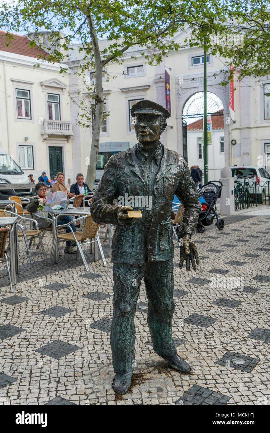 statue of O Cauteleir, the seller of lottery tickets in Largo Trinidade Coelho in Lisbon, Portugal Stock Photo