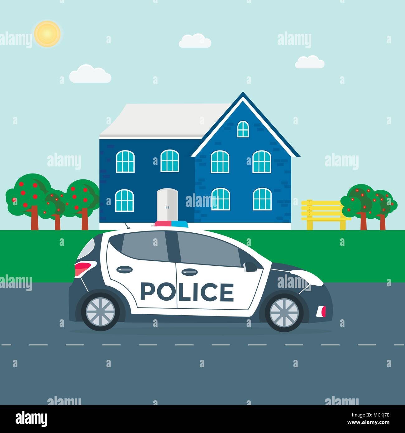 Police patrol on a road with police car, house, nature landscape, vehicle with rooftop flashing lights. Flat vector illustration. Stock Vector