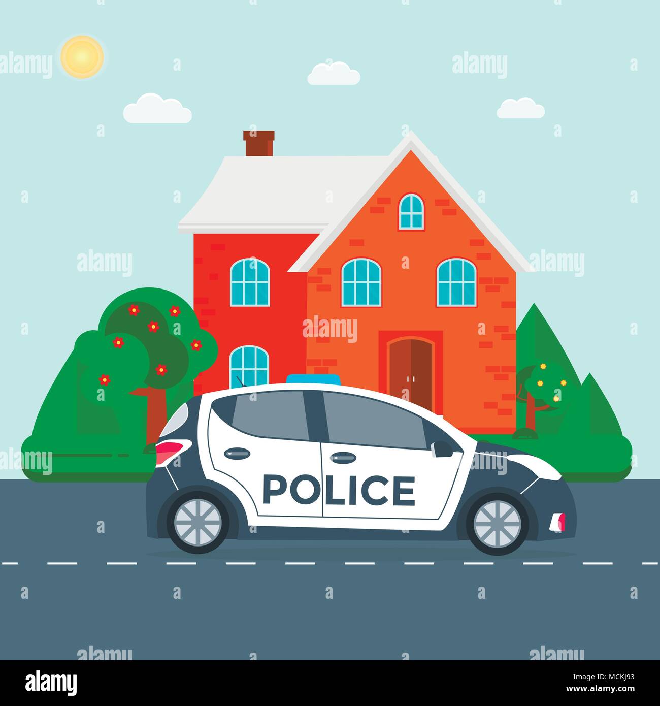 Police patrol on a road with police car, house, nature landscape, vehicle with rooftop flashing lights. Flat vector illustration. Stock Vector