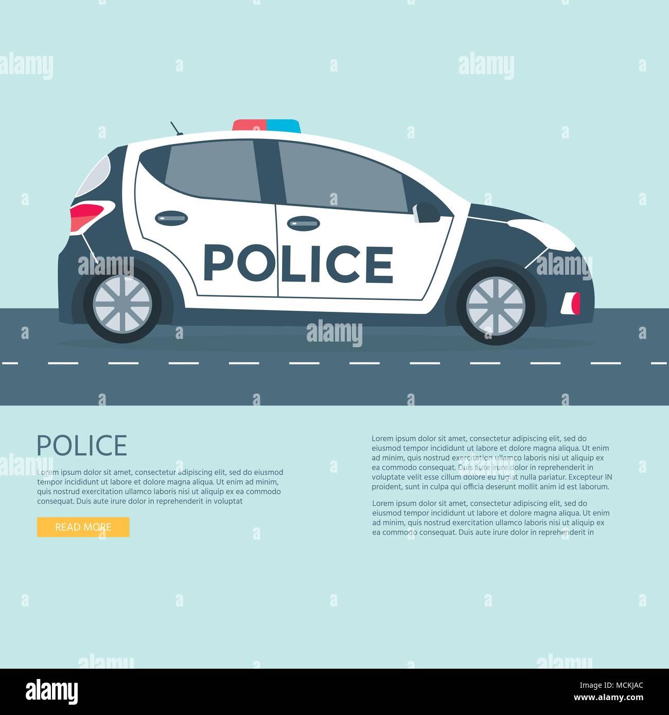 Police patrol on a road with police car, vehicle with rooftop flashing lights. Flat vector illustration. Stock Vector