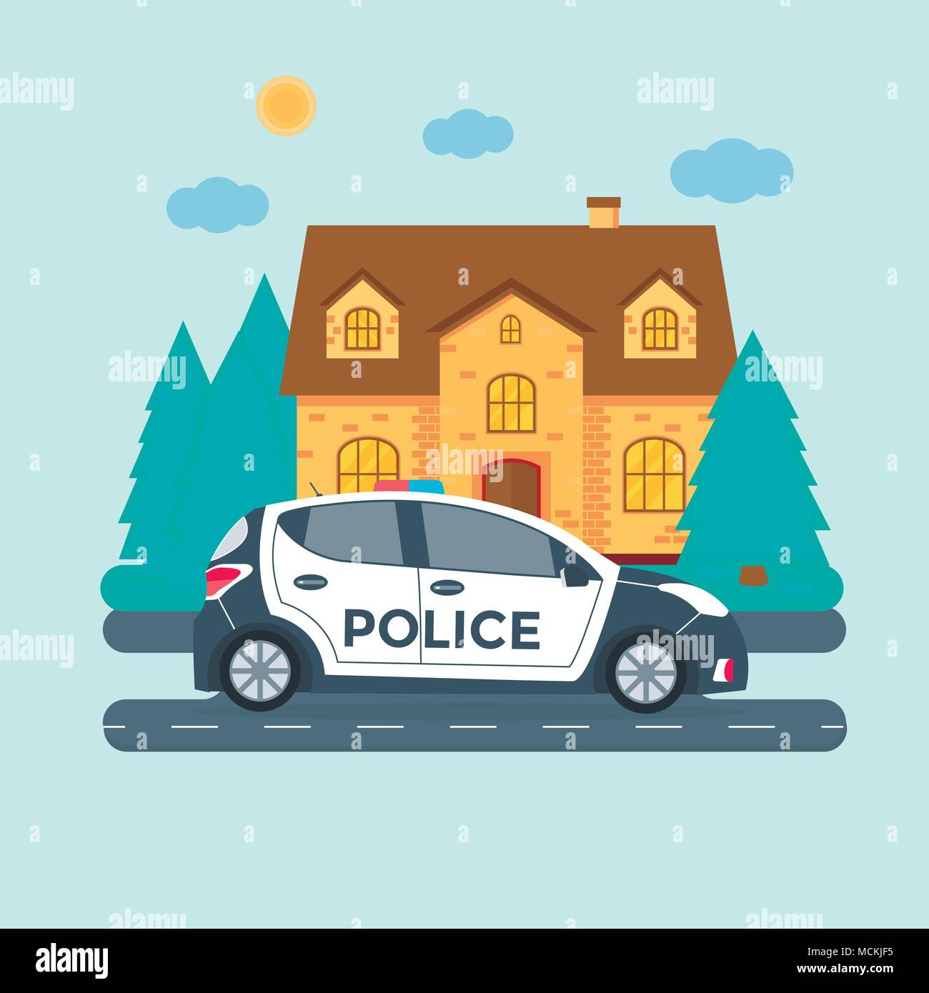 Police patrol on a road with police car, house, nature landscape, vehicle with rooftop flashing lights. Flat vector illustration. Stock Vector