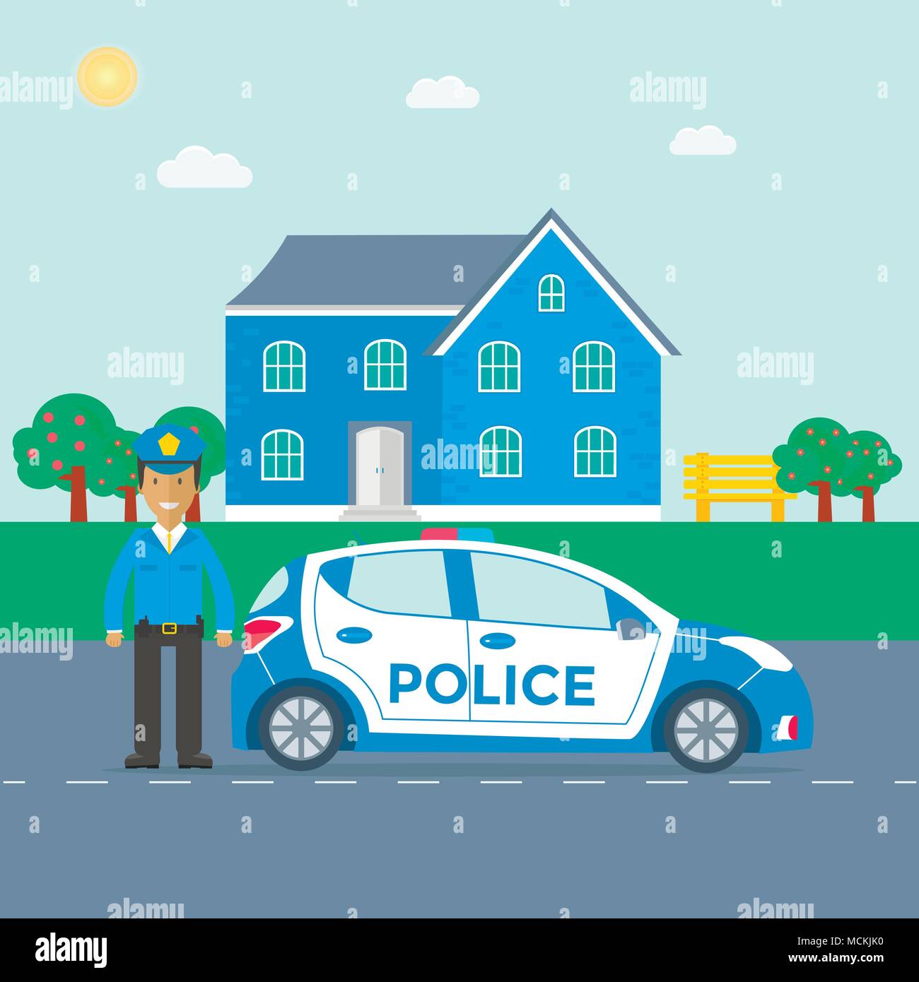 Police patrol on a road with police car, officer, house, nature landscape. Policeman in uniform, vehicle with rooftop flashing lights. Flat vector ill Stock Vector