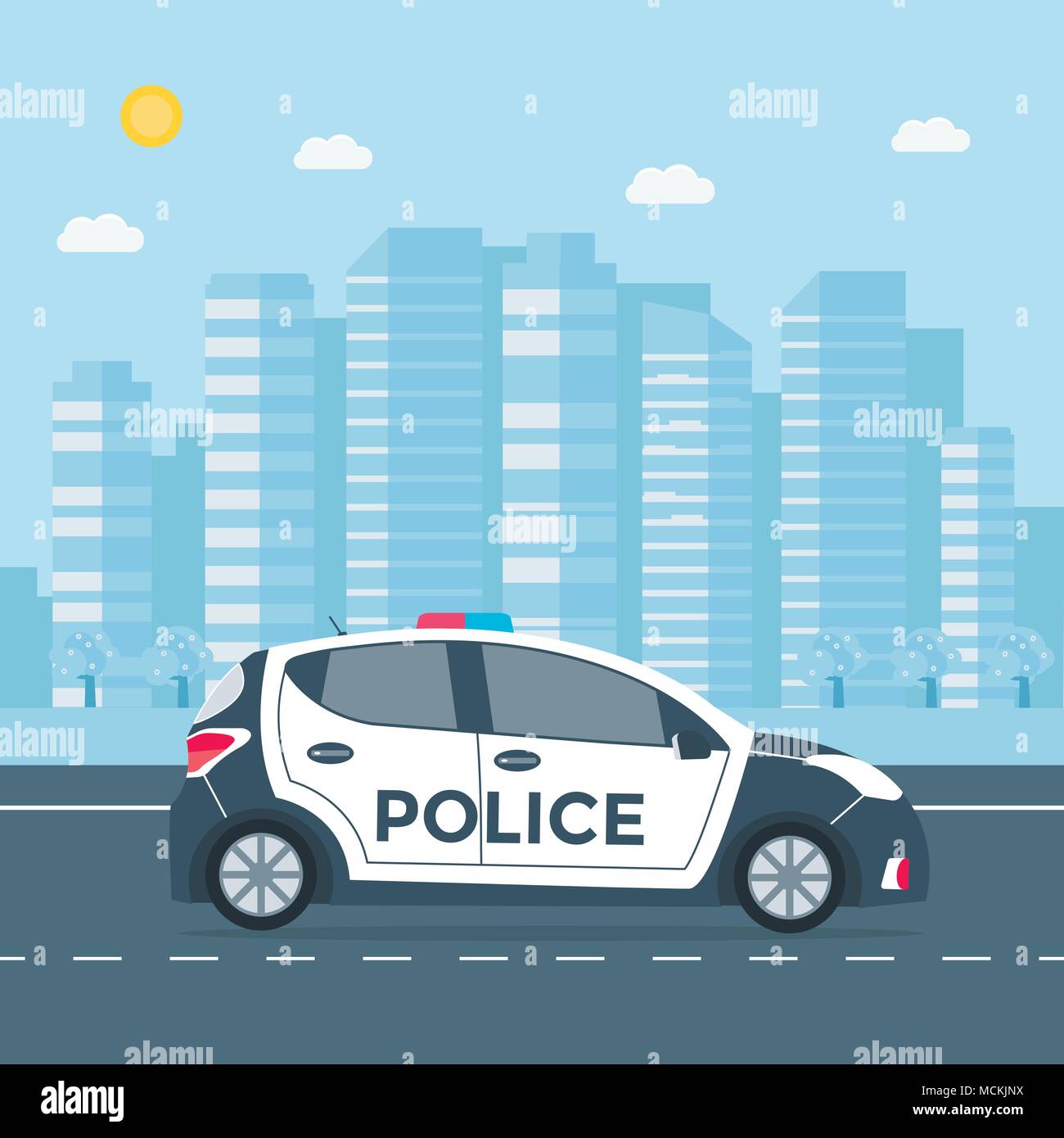 Police patrol on a road with police car, house, nature landscape. vehicle with rooftop flashing lights. Flat vector illustration. Stock Vector