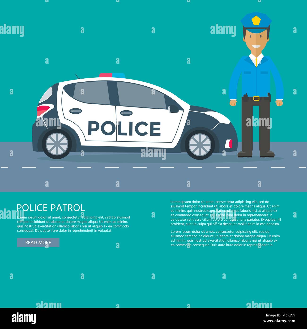 Police patrol on a road with police car, officer, house, nature landscape. Policeman in uniform, vehicle with rooftop flashing lights. Flat vector ill Stock Vector