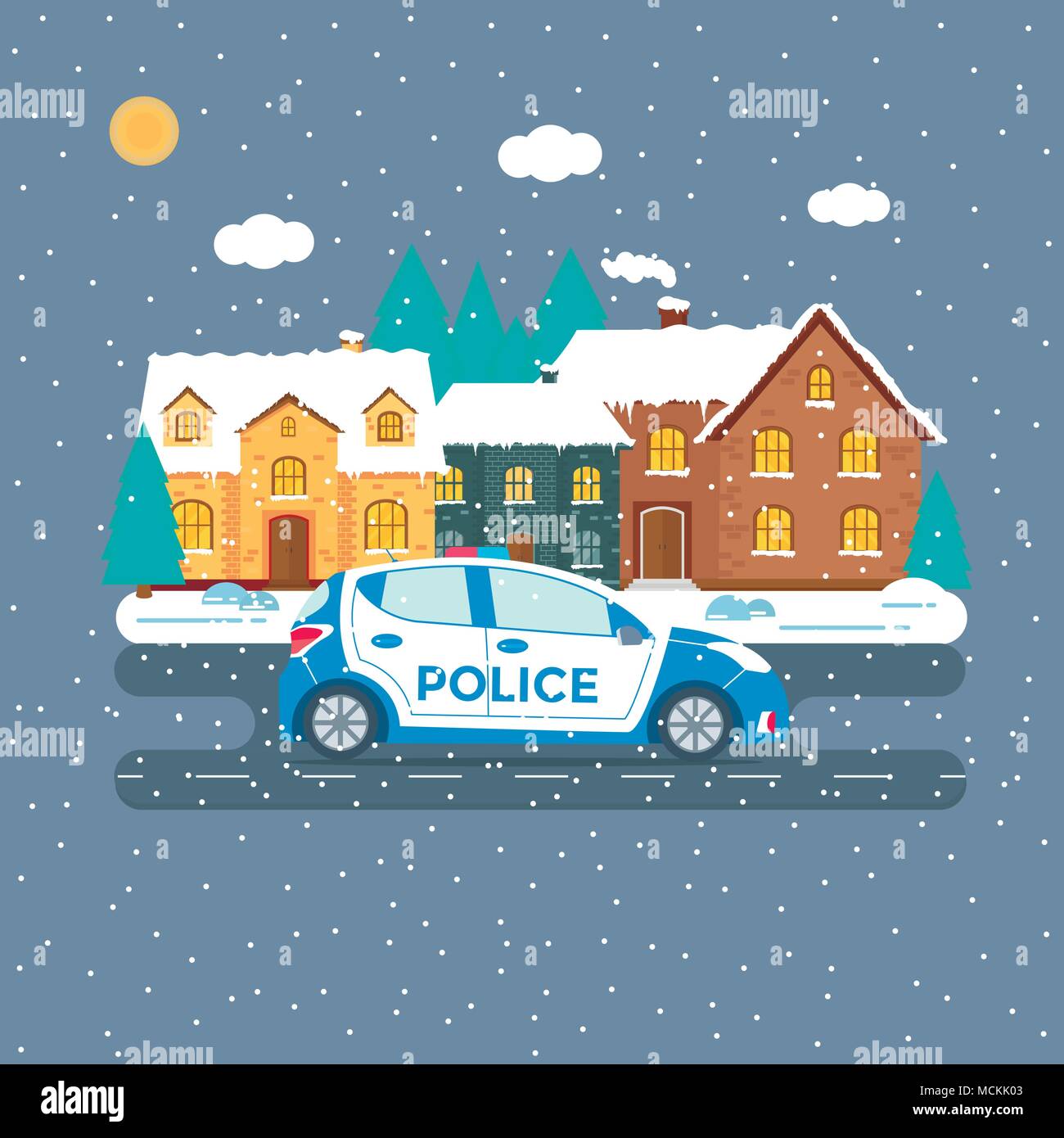 Police patrol on a road with police car, house, nature landscape. vehicle with rooftop flashing lights. Flat vector illustration. Stock Vector