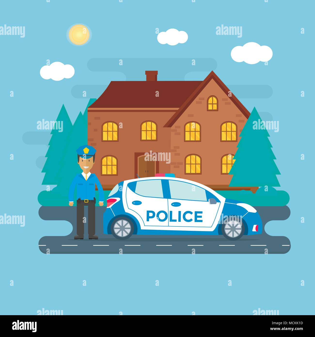 Police patrol on a road with police car, officer, house, nature landscape. Policeman in uniform, vehicle with rooftop flashing lights. Flat vector ill Stock Vector