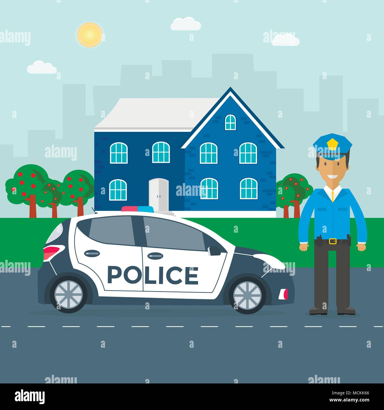 Police patrol on a road with police car, officer, house, nature landscape. Policeman in uniform, vehicle with rooftop flashing lights. Flat vector ill Stock Vector