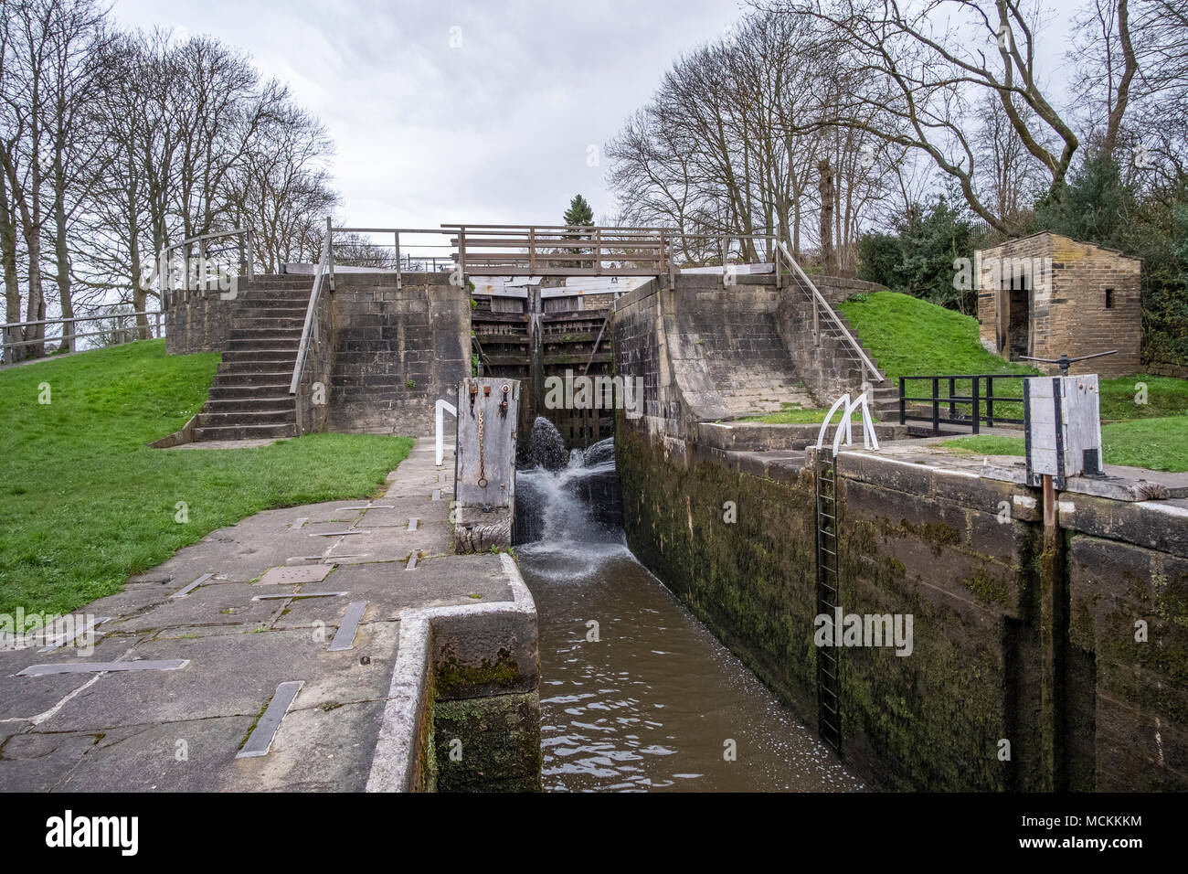 The Five Rise Locks on the Leeds and Liverpool Canal,  Bingley, near Bradford, West Yorkshire, England. Stock Photo