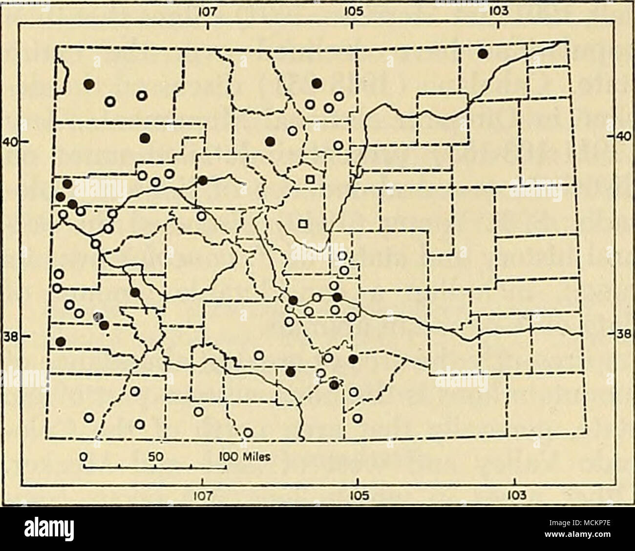 . Fig. 109. Distribution of Felis concolor hippo- lestes in Colorado. For explanation of symbols, see p. 9. darker in color than kaibabensis and the dark area of the mid-dorsum is more clearly defined (see Goldman, 1946: 209). Measurements.—External measurements of a male from Grand County are: 2105, 803, 292, 105. Additional measurements are pre- sented by Merriam (1901) and by Goldman (1946:210). Cranial measurements of two males from Moffat County, a male from San Miguel County, a female from Garfield County, and a female from Mesa County are, respectively: condylobasal length (measured wit Stock Photo