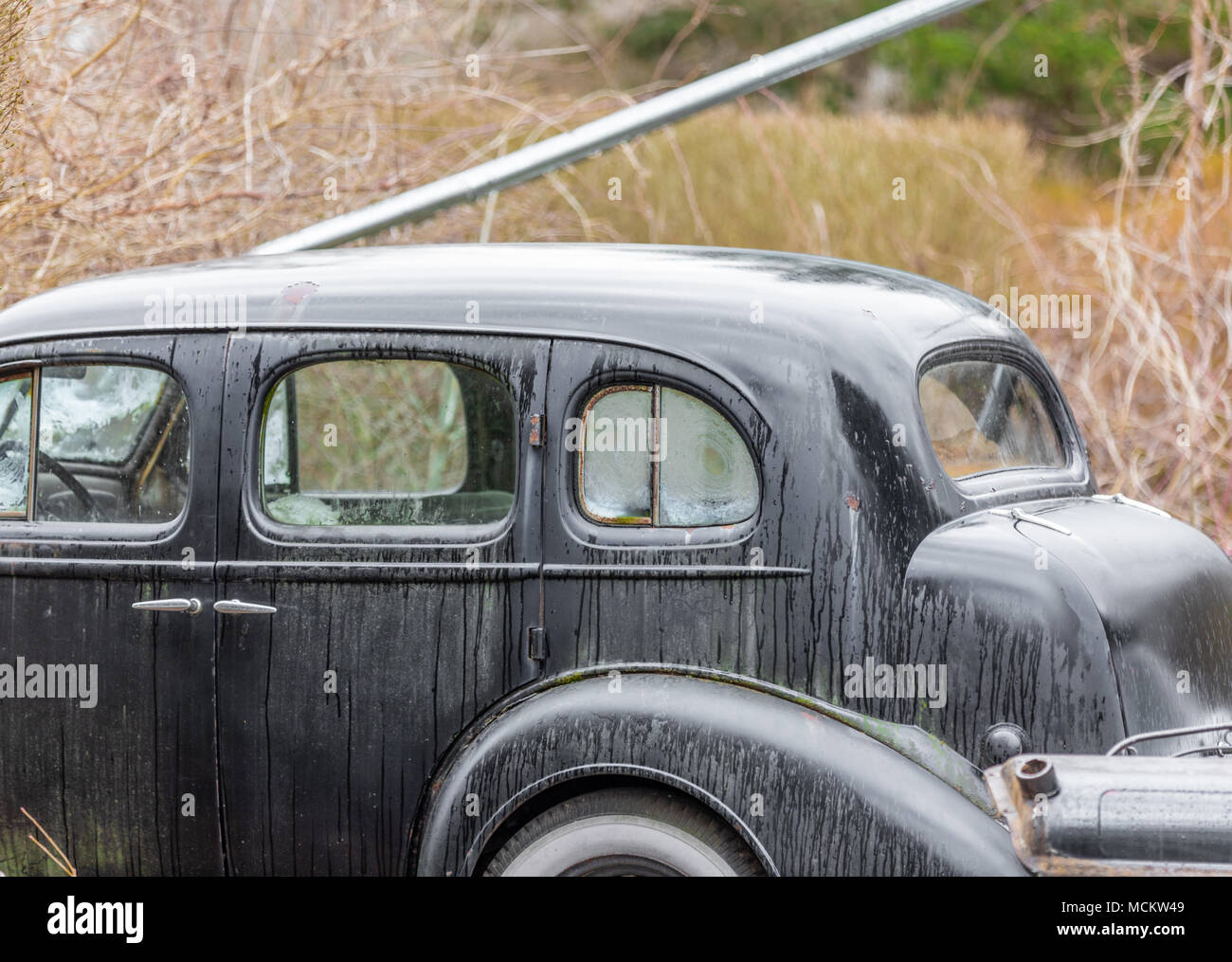 antique sedan sitting in the rain Stock Photo