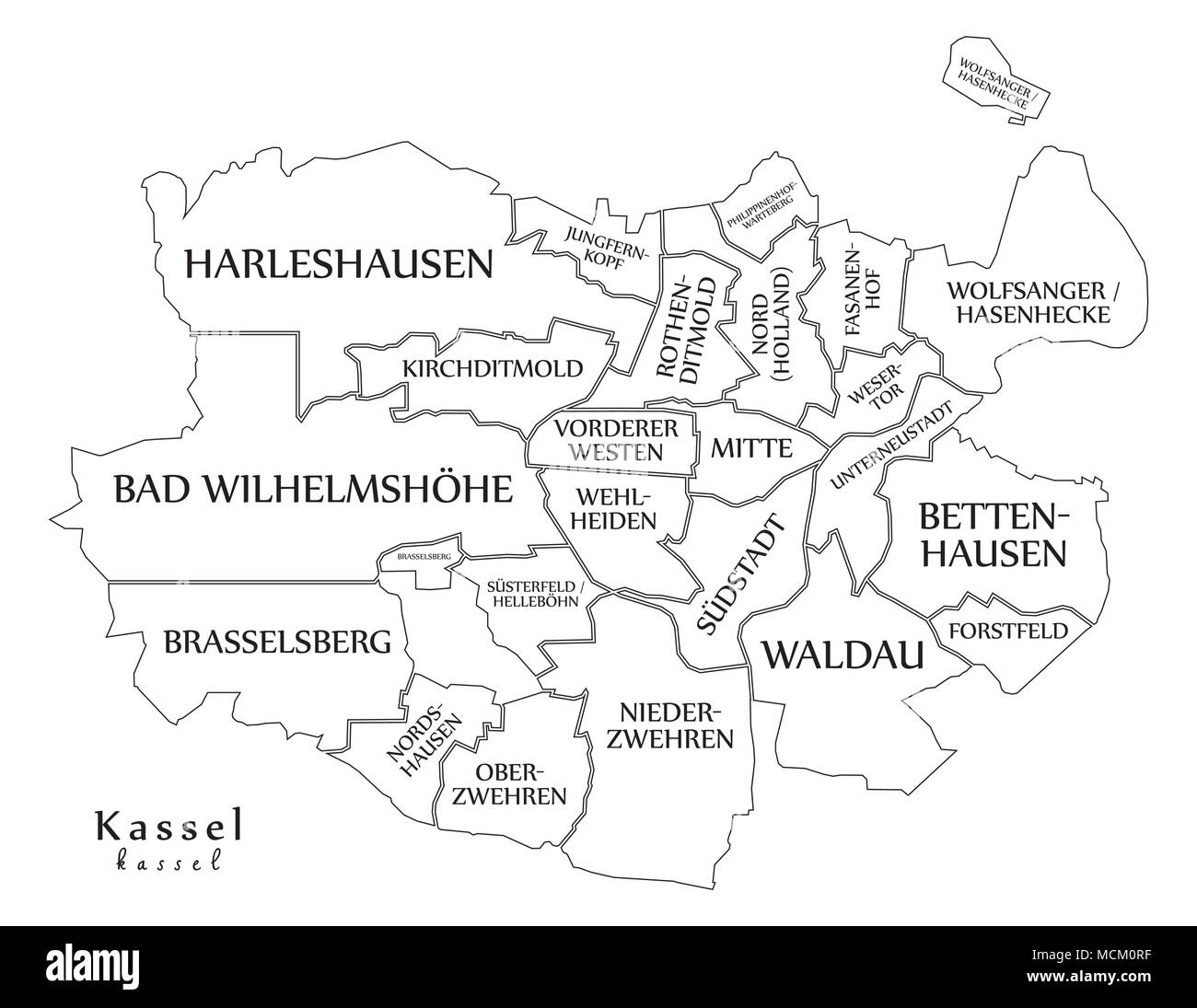 Modern City Map - Kassel city of Germany with boroughs and titles DE outline map Stock Vector