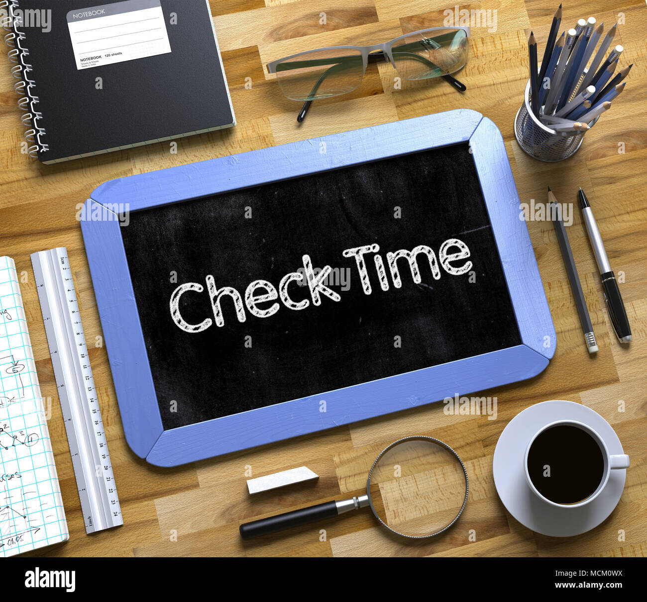 Check Time Handwritten on Small Chalkboard. 3d Stock Photo