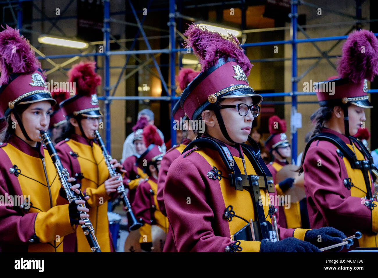 Students from St Raymond School Band, East Rockaway, NY, with clarinets and drum, perform in the St. Patrick’s Day Parade , New York City 2018. Stock Photo