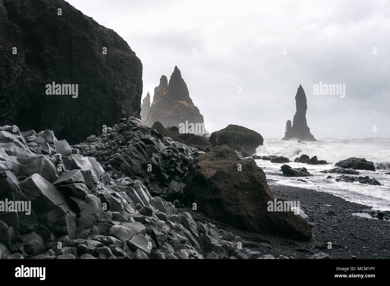 Vik and Basalt Columns, Black Sand Beach in Iceland Stock Photo - Alamy