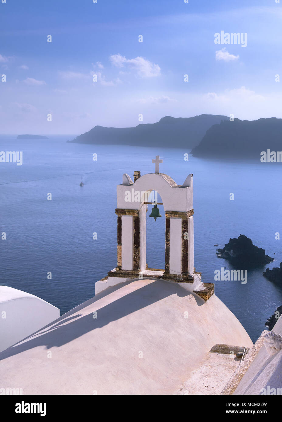 View of the bell tower of the orthodox Greek church. Stock Photo
