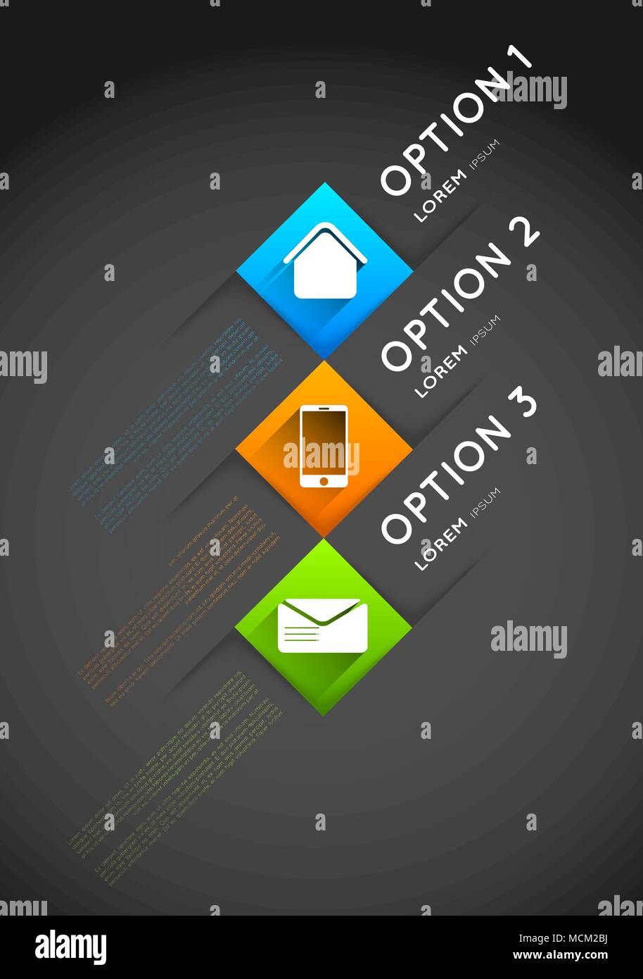 infographic template, option squares banners with icons, long shadow effect, design element Stock Vector