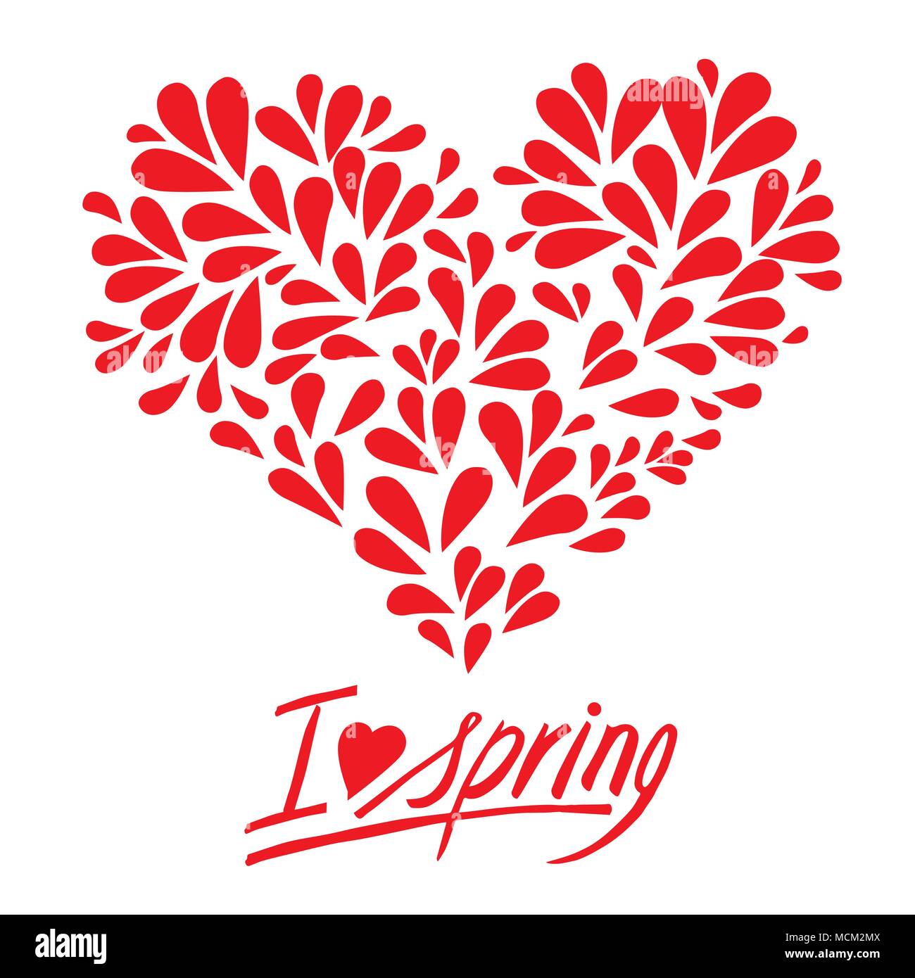 Handwritten inscription I love spring, with petals and heart shaped flowers, isolated vector on a white background Stock Vector