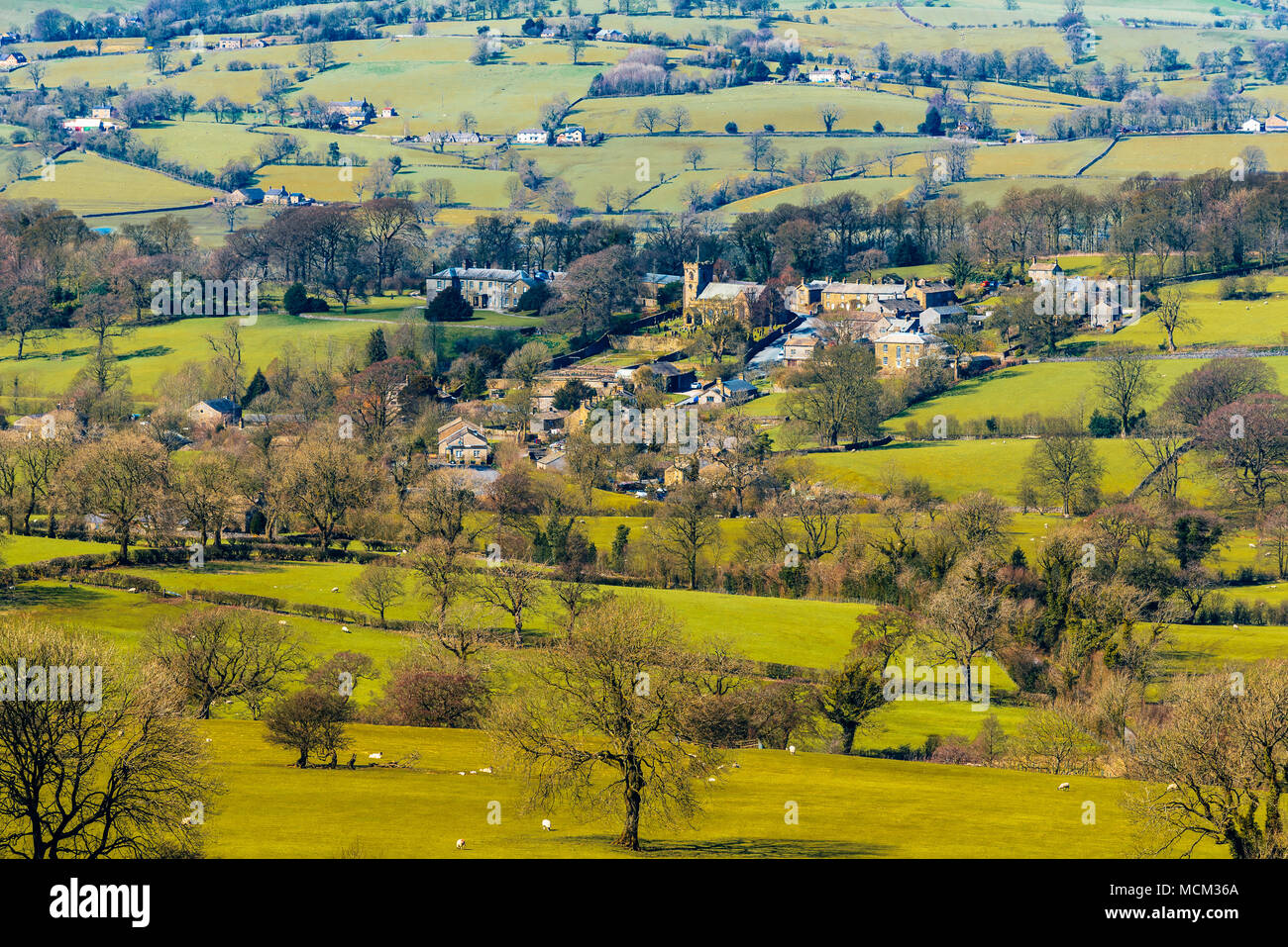 The village of Downham from Downham Moor on Pendle Hill, Lancashire, England Stock Photo
