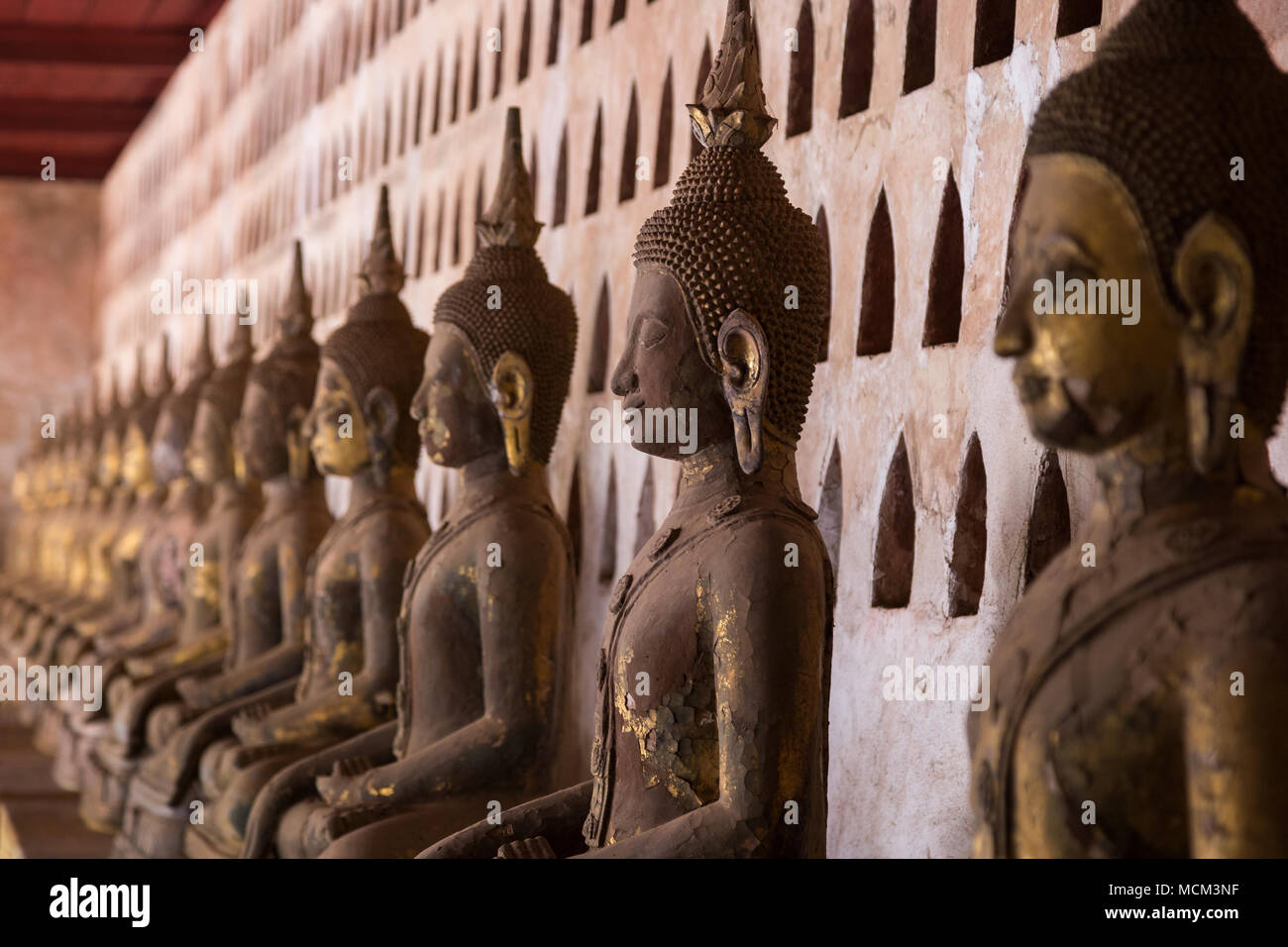 View of many old and aged Buddha statues at the Wat Si Saket (Sisaket) temple's cloister in Vientiane, Laos. Shallow depth of field. Stock Photo