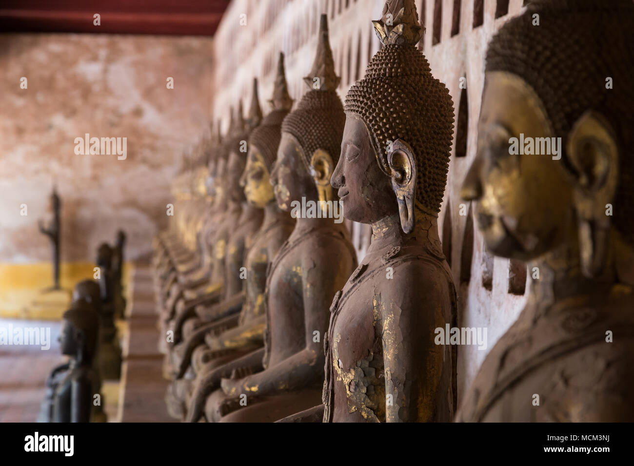 View of many old and aged Buddha statues at the Wat Si Saket (Sisaket) temple's cloister in Vientiane, Laos. Shallow depth of field. Stock Photo
