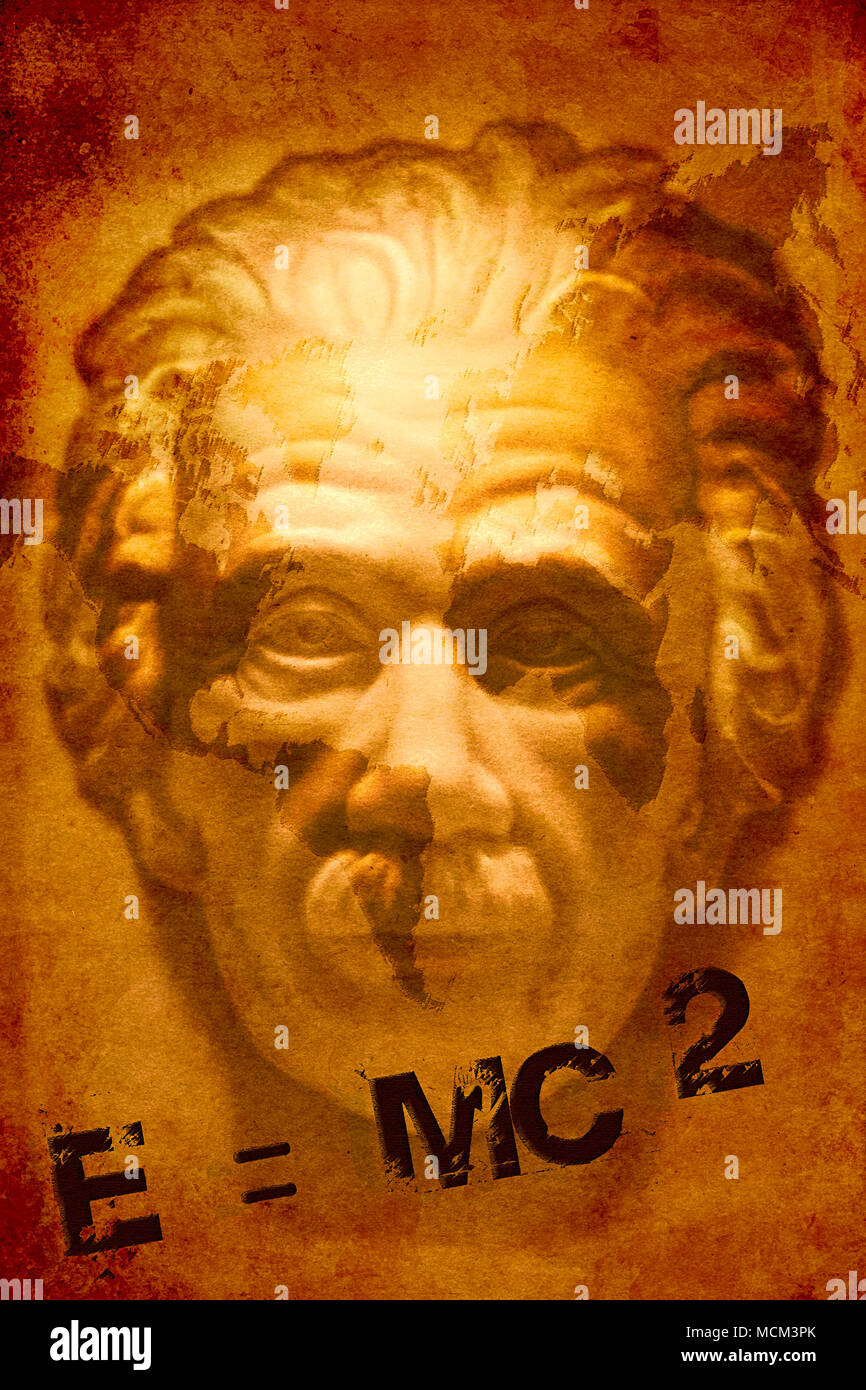 Face of Albert Einstein with world map and math formula, grunge style. Stock Photo