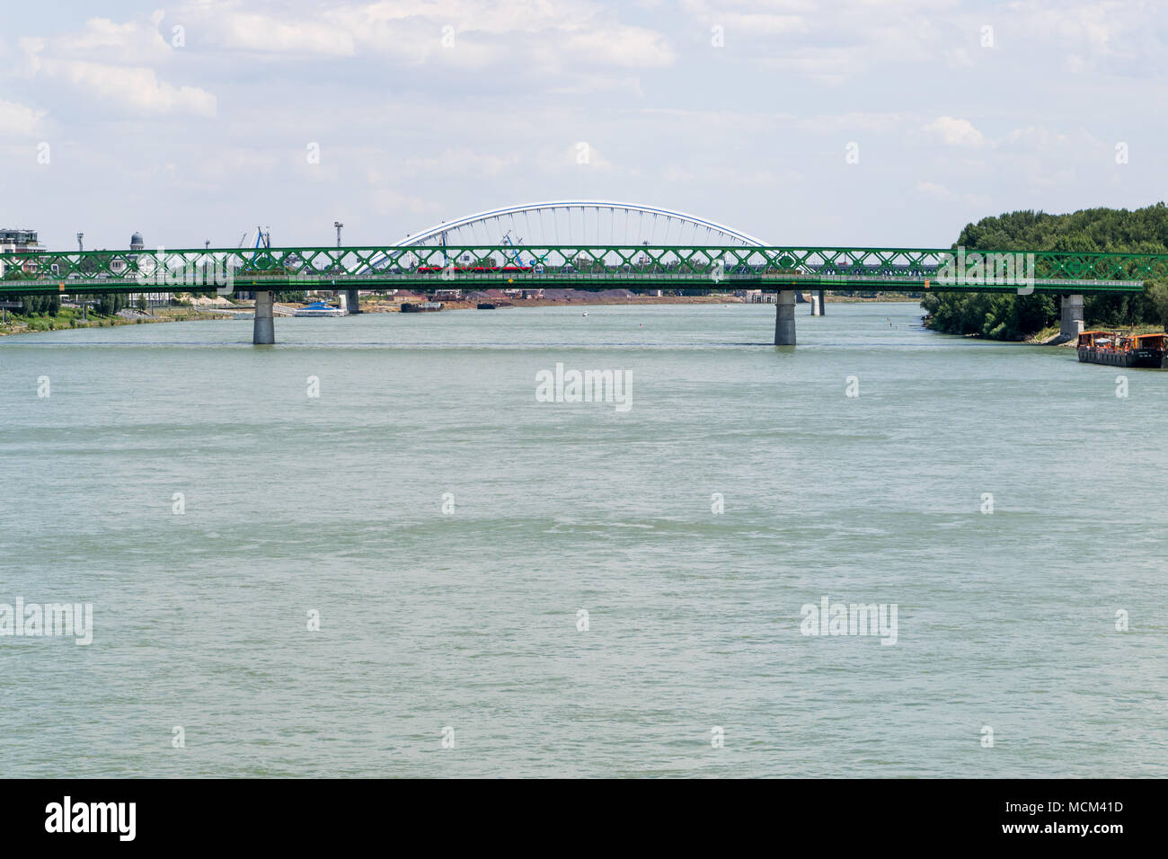 Renewed old bridge over Danube in Bratislava Stock Photo