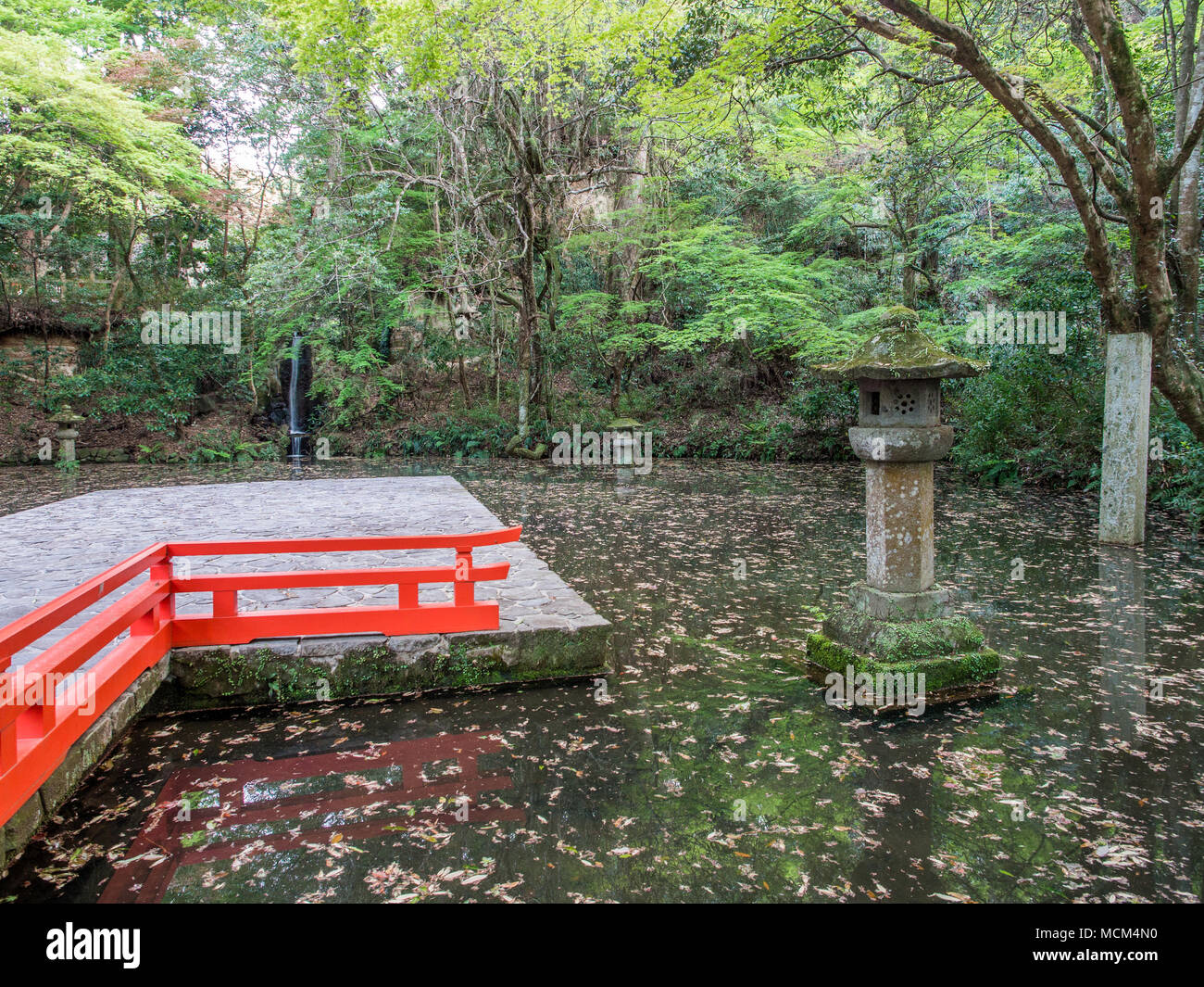 Stage and stone lantern in pond, Usa Jingu, Oita, Kyushu, Japan Stock Photo