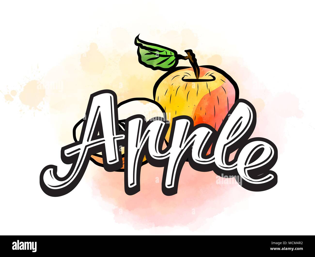 Apple colorful label sign. Vector drawing for advertising. Fresh design of colorful fruits made in watercolor style. Modern illustration on white back Stock Vector