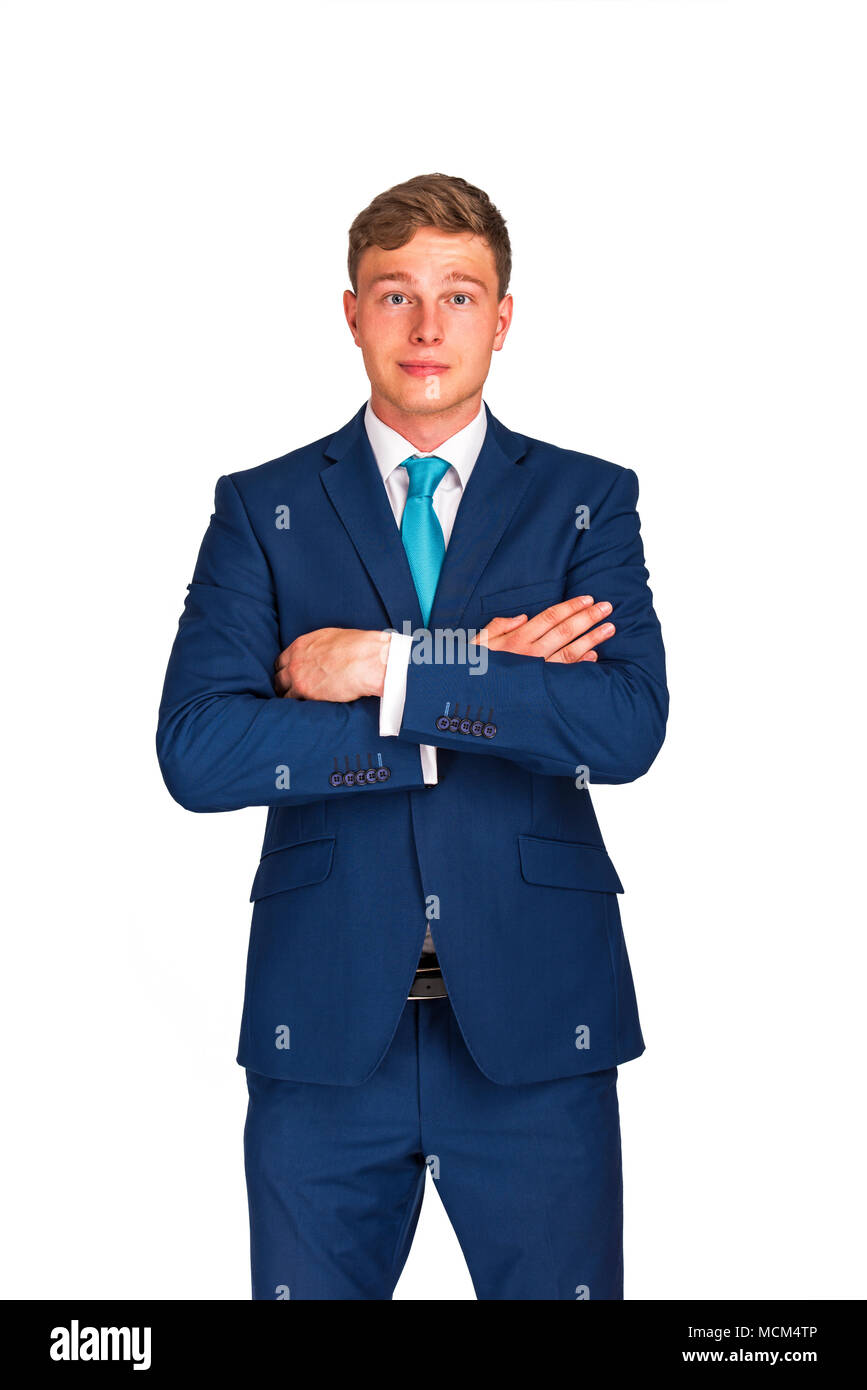 Businessman in navy blue color suit and crossed arms, isolated over ...