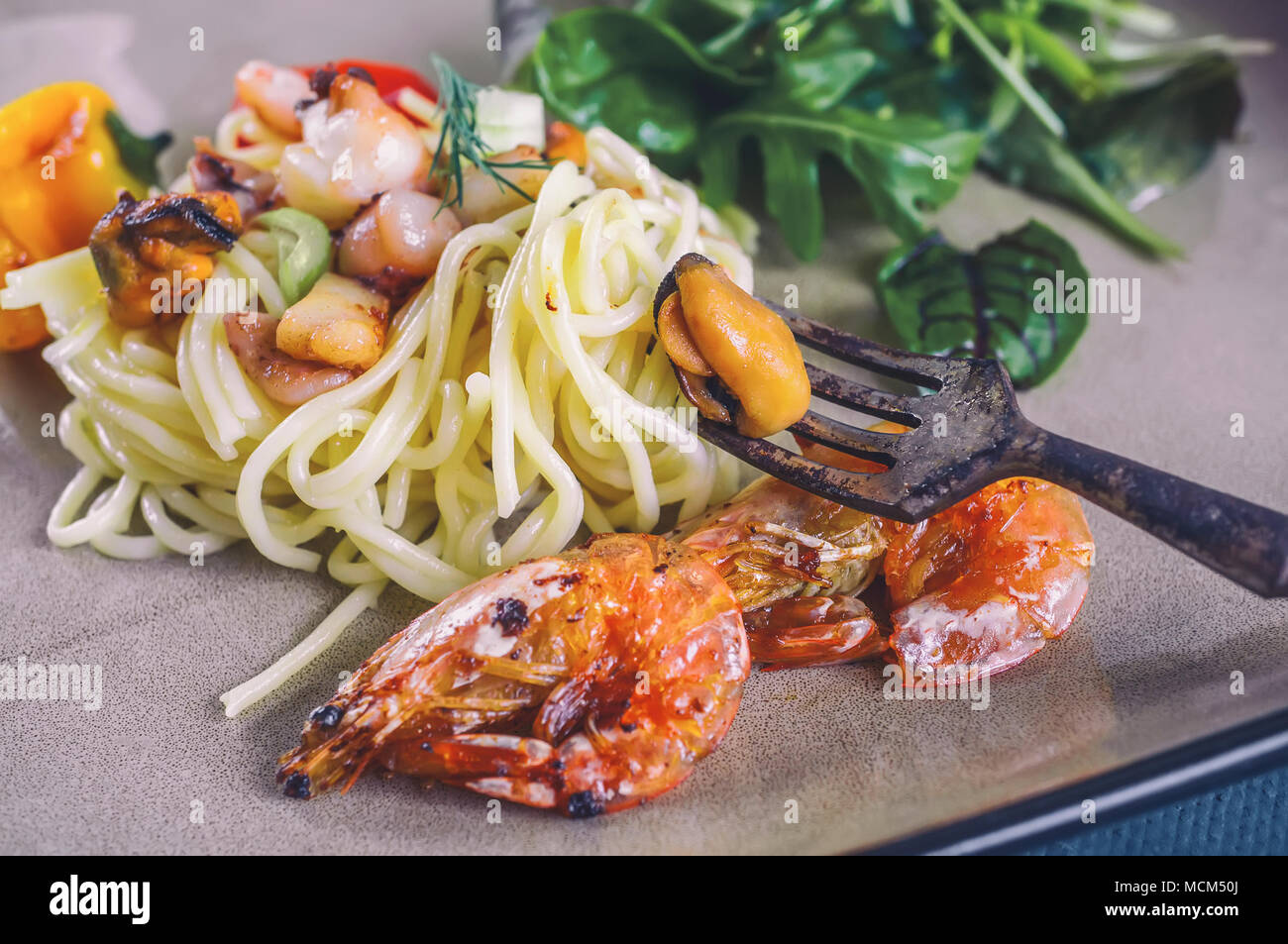 GarlickySeafood pasta Spaghetti with Clams, Prawns, Seafood Cocktail