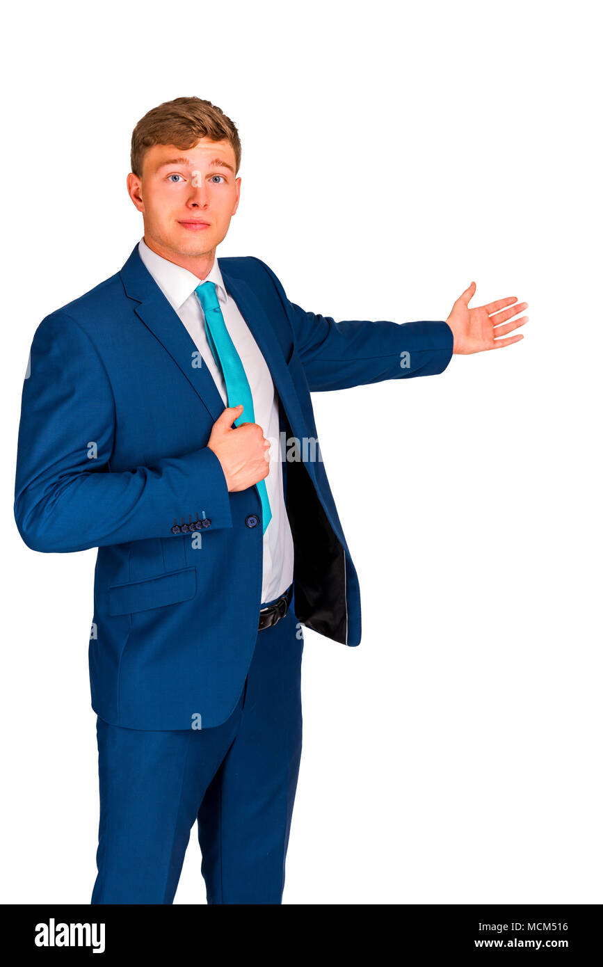 Side view of a happy business man welcoming you while smiling, on white ...