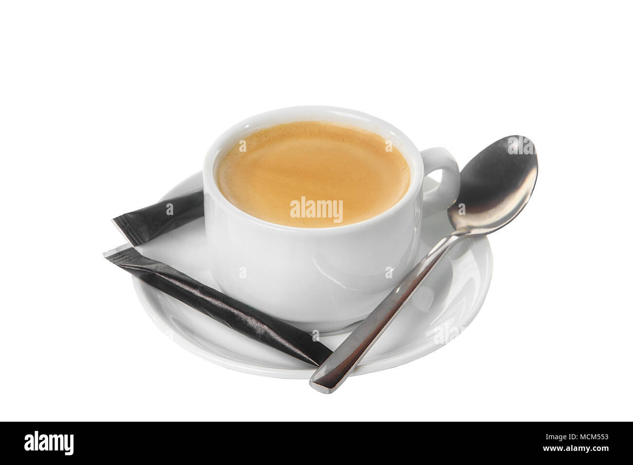 A cup of coffee, American, cappuccino, full of two black bags, a dose of sugar, a teaspoon. For the technological map. Side view from above Isolated w Stock Photo