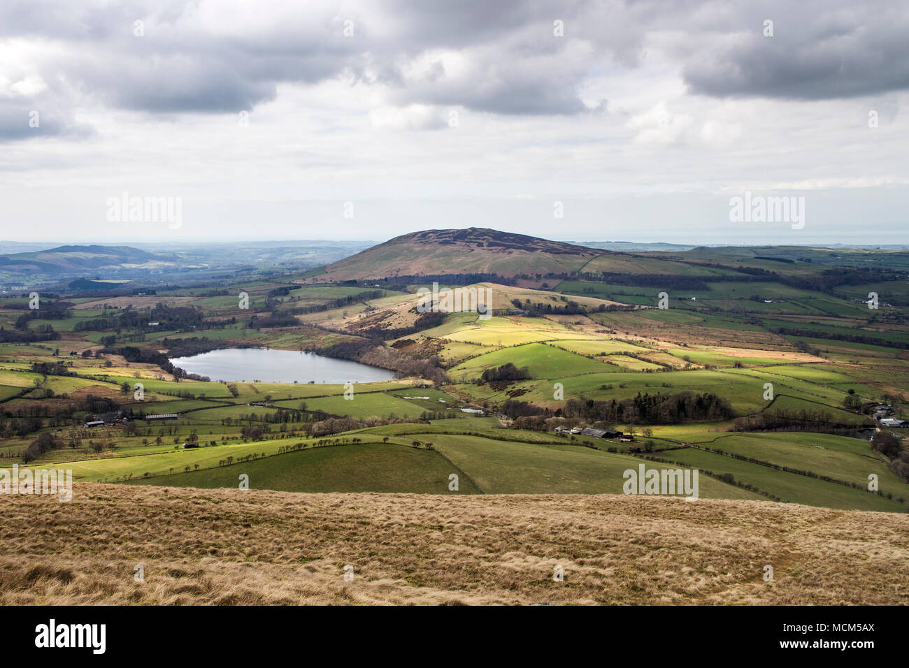 Binsey and Over Water Tarn from the Summit of Longlands Fell, Uldale Fells, Lake District, Cumbria, UK. Stock Photo