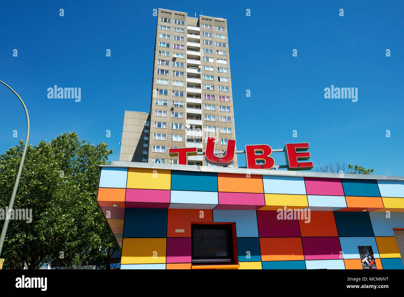 The TUBE youth club - a colourful modern building design and apartments in Lichtenberg Berlin Germany EU. Stock Photo