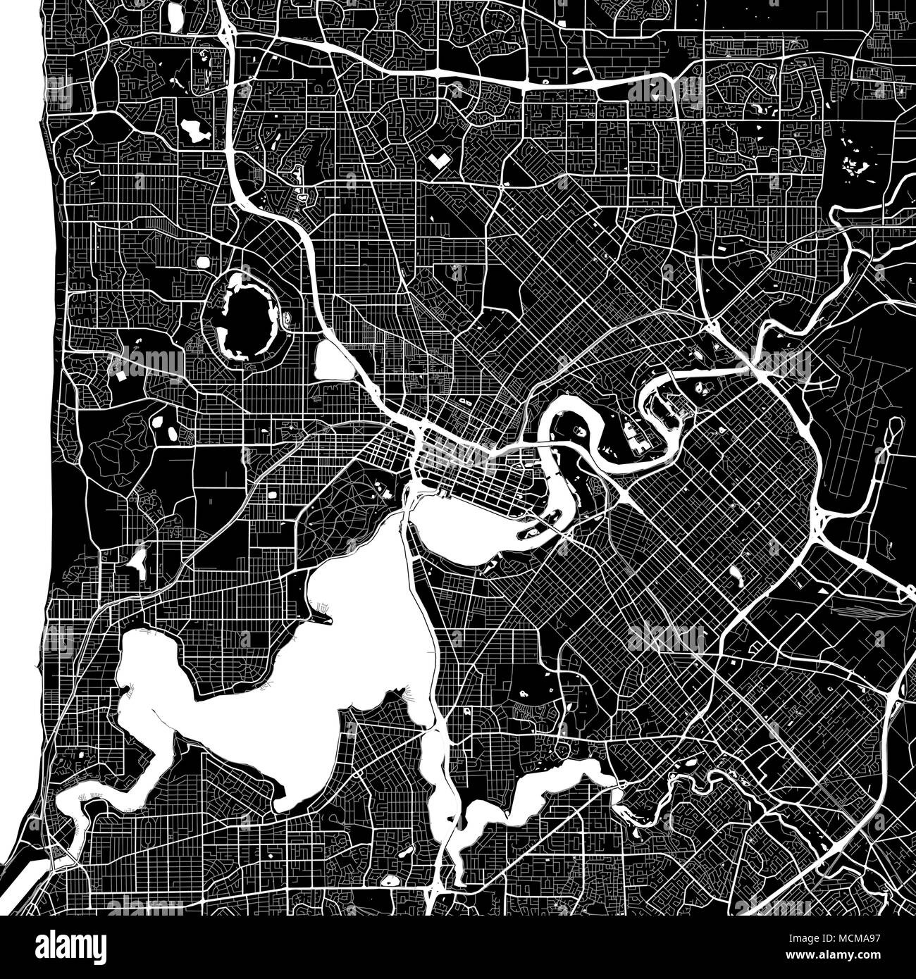 Area map of Perth, Australia. Dark background version for infographic and marketing projects. This map of Perth, Western Australia, contains typical l Stock Vector