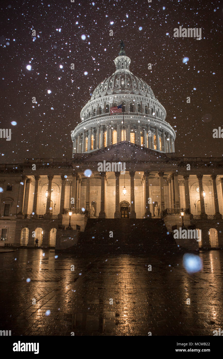 Snow falls in front of the United States Capitol Building in Washington during a winter storm.The original building was completed in 1800, followed by an expansion during the 1850s that included the iconic capitol dome that now dominates the Washington, DC skyline.The nations capitol routinely ranks at the top of national health rankings as the fittest city in the United States, according to the American Fitness Index (AFI). Stock Photo