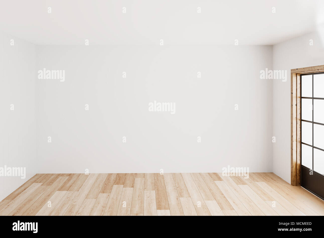 Blank simple interior room background empty white walls corner and white wood floor contemporary,3D rendering. Stock Photo