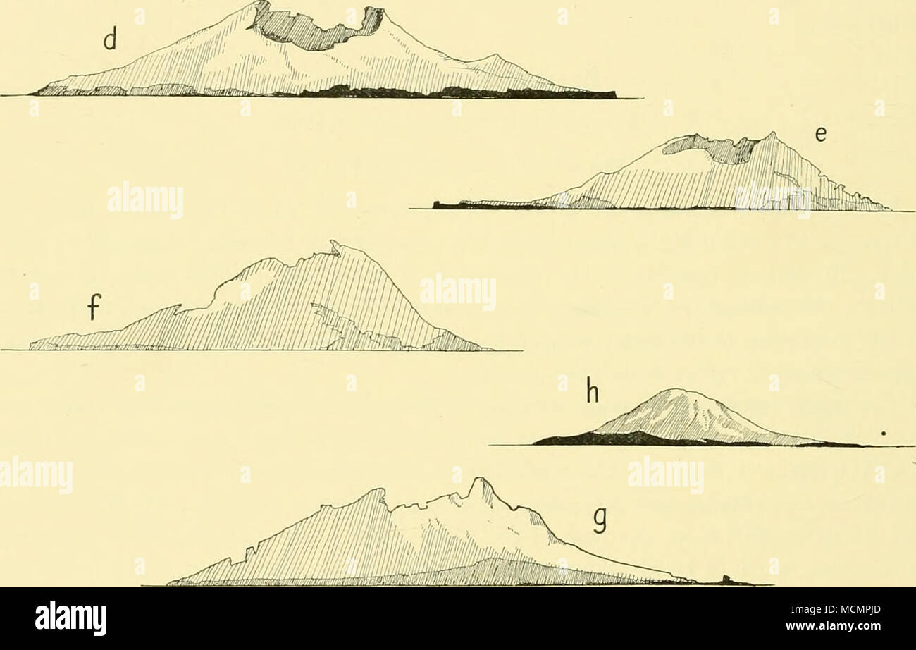 . Fig. 19. Bellingshausen Island: sketches by Lt.-Cmdr. J. Irving. The steam and vapour from the volcano are not shown. a. From the WSW: Hardy Point to right of centre bearing 064°, distant i-i miles. b. From the SW: Isaacson Point on the right bearing 065°, distant 1-4 miles. c. From the SSW: Hardy Point on the left bearing 015°, distant i-6 cables. d. From the SSE: Hardy Point on the left bearing 318°, distant 9 cables. e. From the NE: Isaacson Point on the left bearing 240°, distant 6 cables. /. From the NNE: Isaacson Point on the left bearing 245°, distant 6 cables. g. From the ENE: North  Stock Photo