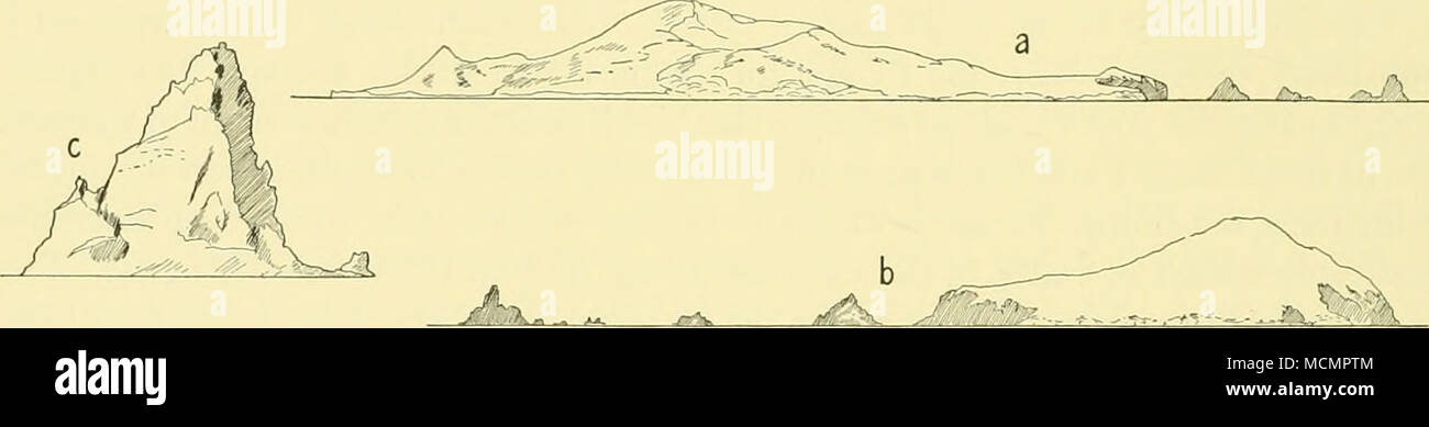 . Fig. 15. Bristol Island: sketches by Lt.-Cmdr. J. Irving. a. From the N by E: distant about 6 miles. b. From the SW: Grindle Rock, the inner of the three outlying rocks about i mile distant. c. Freezeland Peak from the NE: bearing 220° and distant 3-2 miles. To the west of the island stand three rocky islets of imposing appearance. The outer- most, situated 3 miles from the mainland, is a magnificent structure, with a towering pillar of rock 900 ft. in height and a lesser summit of about 620 ft. (Plate XXVI, figs. 1,2; Fig. 15 f). This rock was the landfall that Cook made when he discovered  Stock Photo