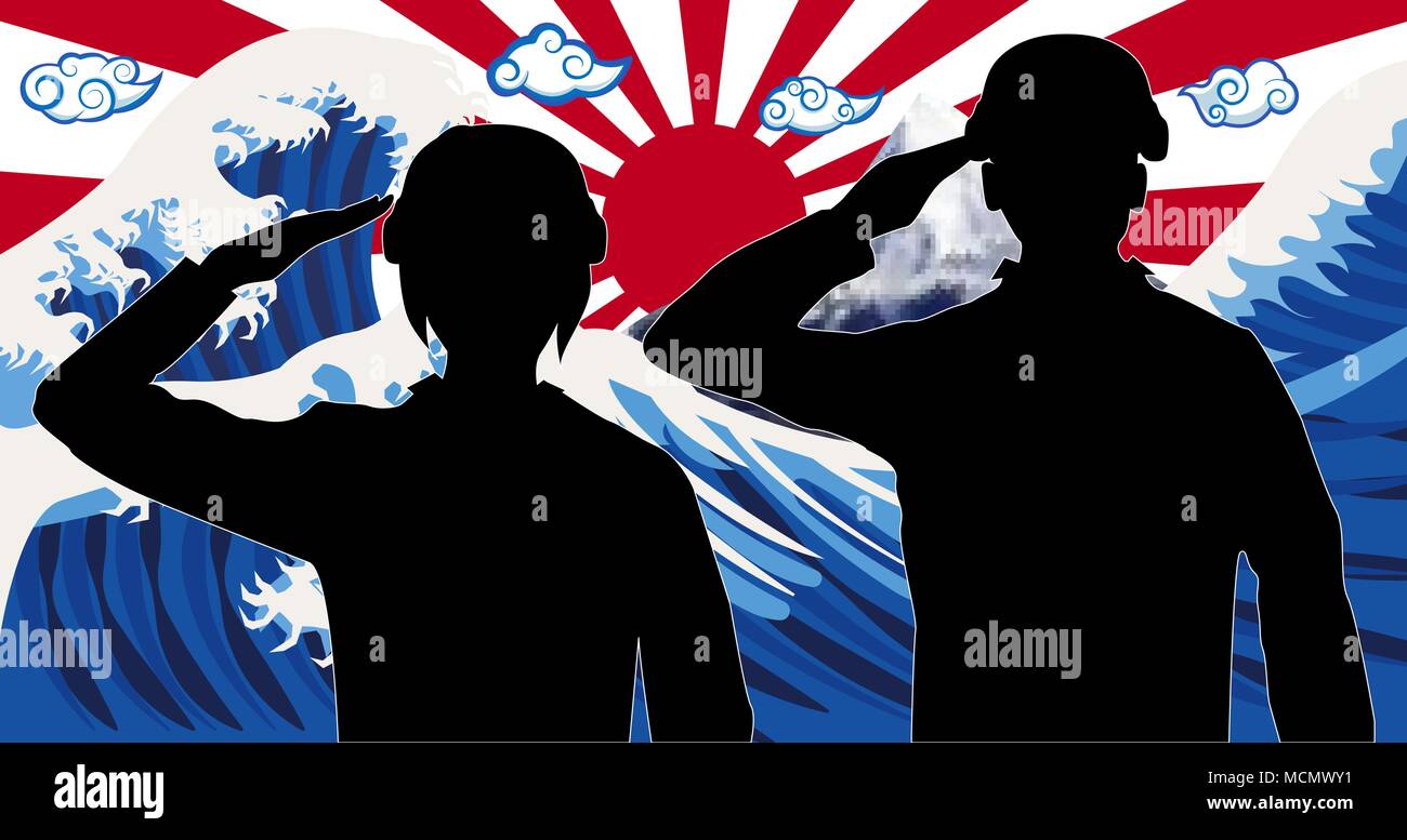 silhouette japan soldier with wave rising sun flag Stock Vector