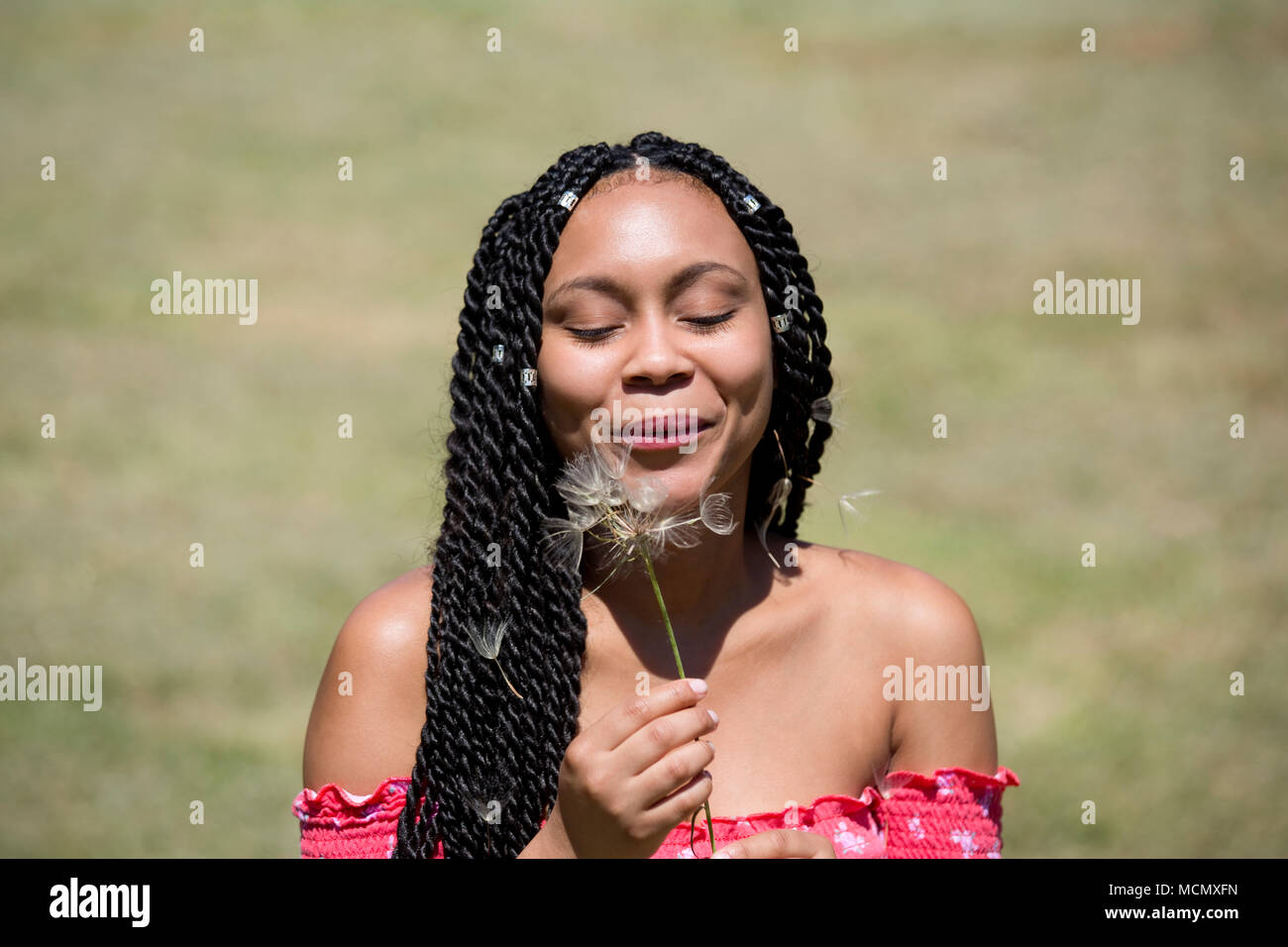 Woman blowing a dandelion Stock Photo