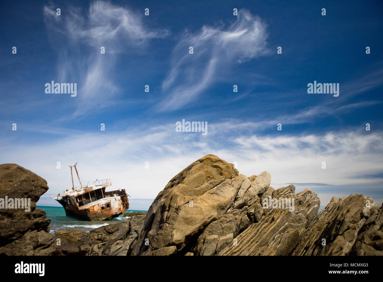 Shipwreck at Cape Agulhas, the most Southern Tip of the African continent Stock Photo