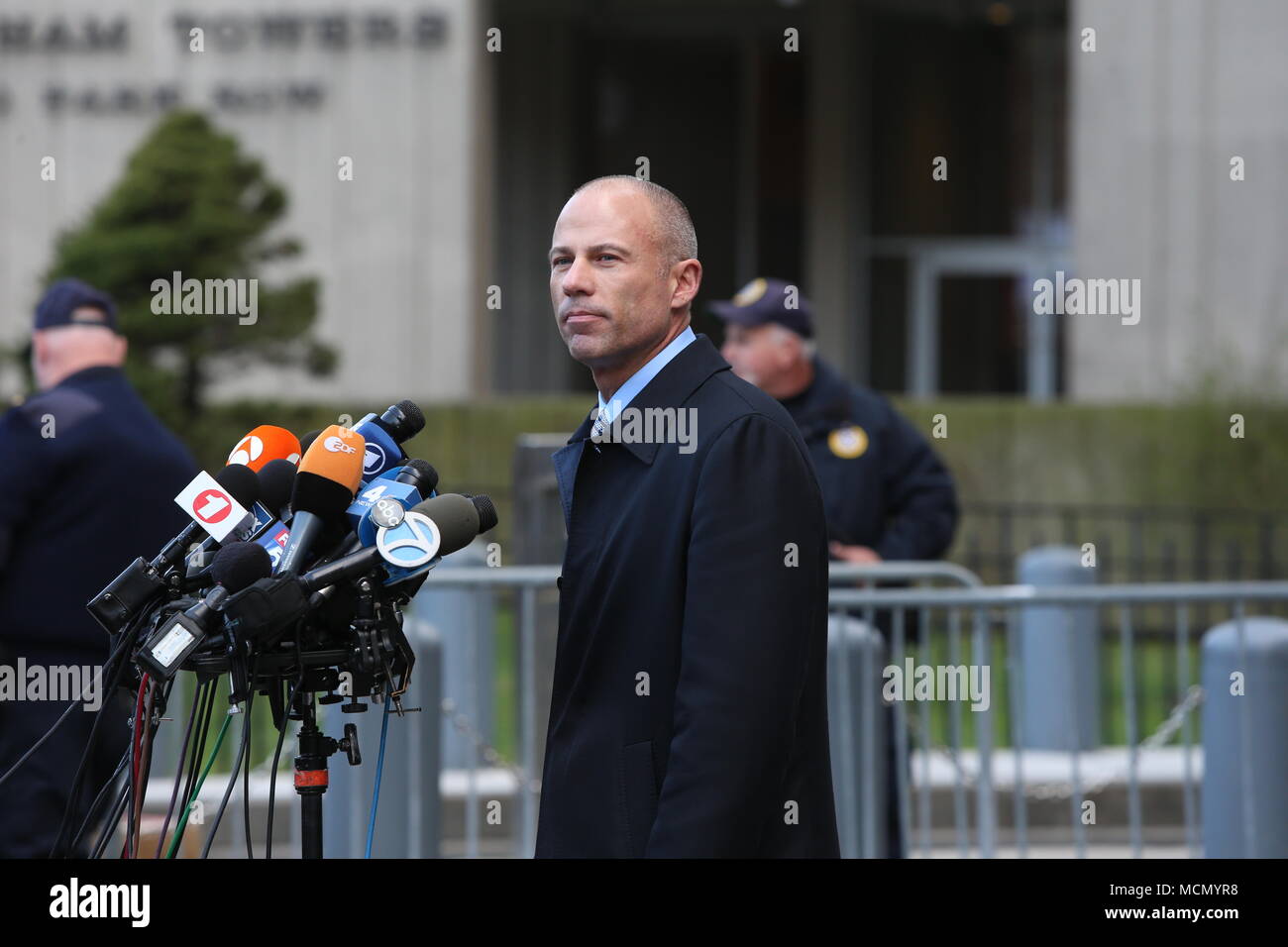 Clifford's Attorney, Michael Avenatti, Addresses Media. New York City. 16th Apr, 2018. 2018: Donald Trump's personal attorney, Michael Cohen & adult film star, Stormy Daniels appeared in federal court in Lower Manhattan US District Court Judge Kimba Wood ordered Trump attorney Michael Cohen and adult film star Stormy Daniels, ie. Stephanie Clifford, to appear in district court at 2:00 pm, Monday, April 16 to hear arguments about whether or not they should be allowed to view seized documents before prosecutors. Credit: Andy Katz/Pacific Press/Alamy Live News Stock Photo