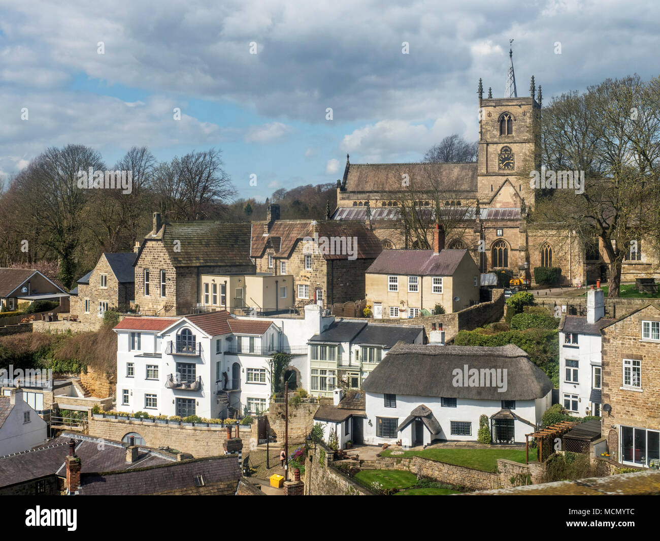 St Johns Church and Church Hall and the thatched Manor Cottage on Waterside at Knaresborough North Yorkshire England Stock Photo