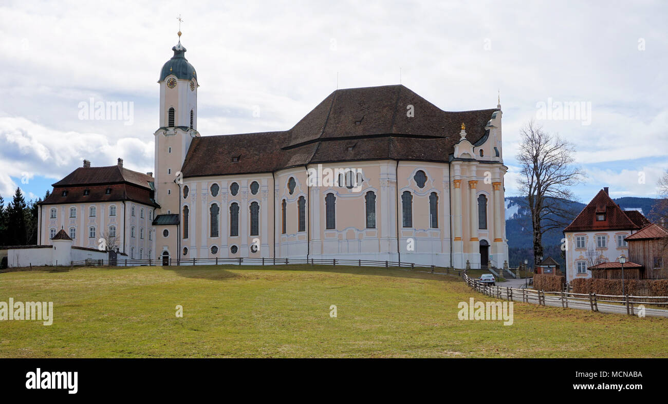 View of the Pilgrimage Church of Wies in Steingaden, Weilheim-Schongau district, Bavaria, Germany. Stock Photo